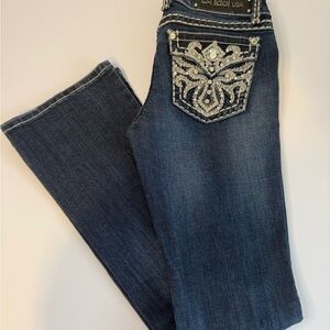 LA Idol Jeans Womens Sz 5 Blue Bootcut Embroidered Studded Thick Stitch 29x34